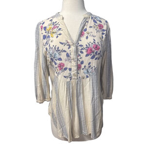 Fig and Flower ANTHROPOLOGIE Tunic M Beige Blue Floral Striped